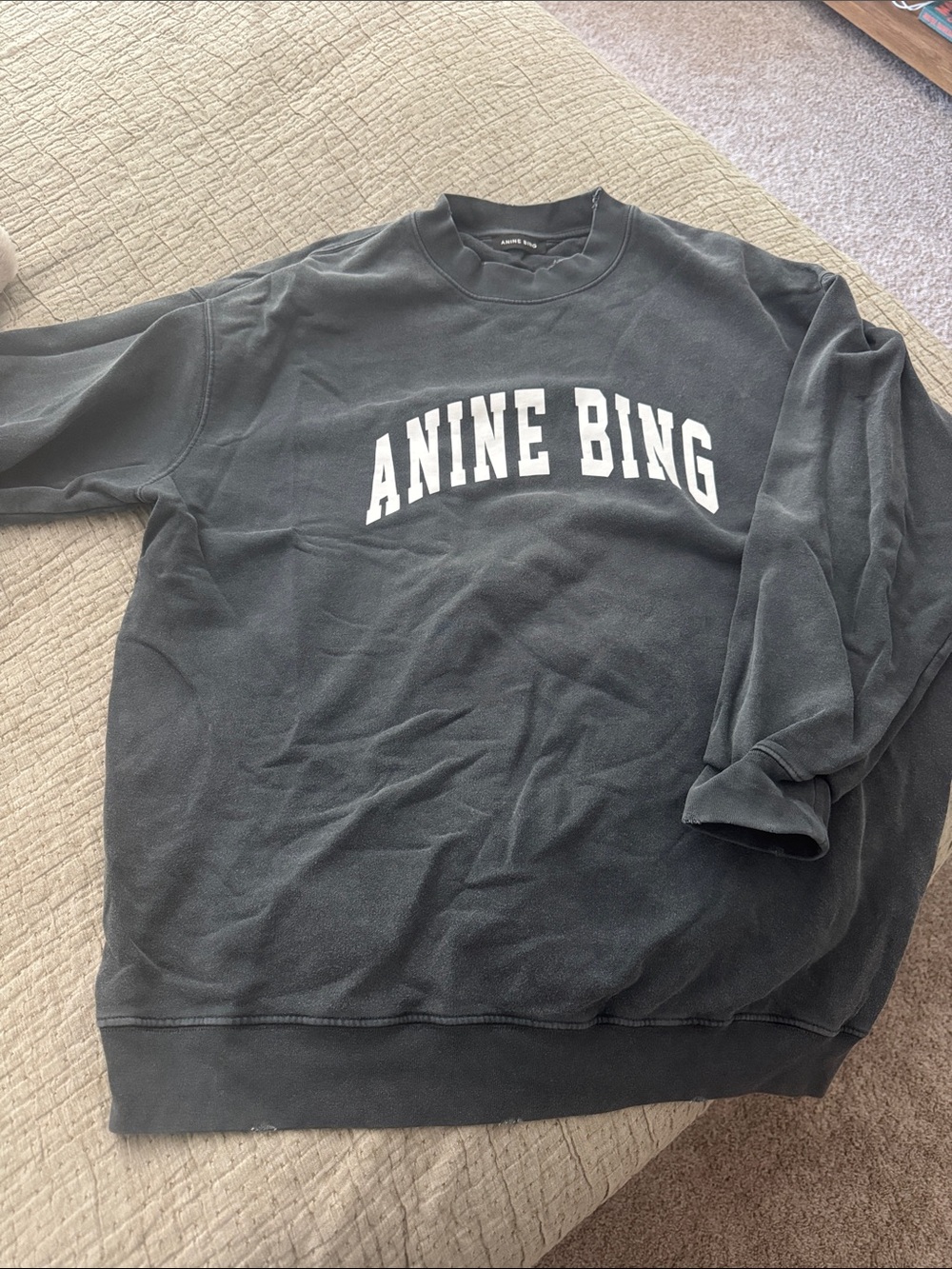 Anine Bing Charcoal Crewneck Sweatshirt with White Logo